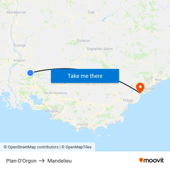Plan-D'Orgon to Mandelieu map