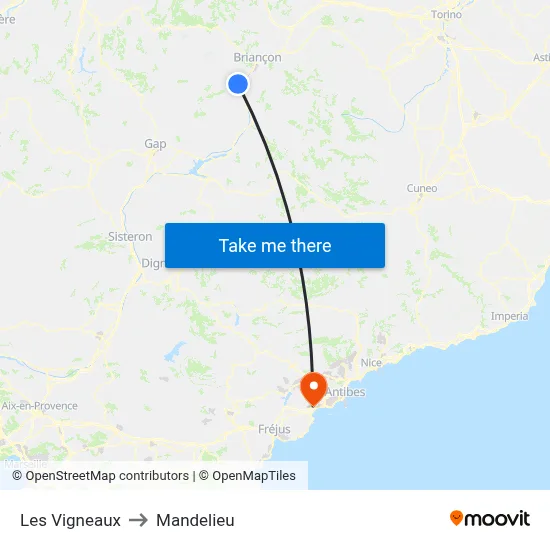 Les Vigneaux to Mandelieu map