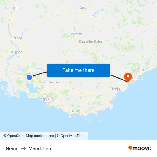 Grans to Mandelieu map