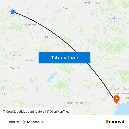Orpierre to Mandelieu map