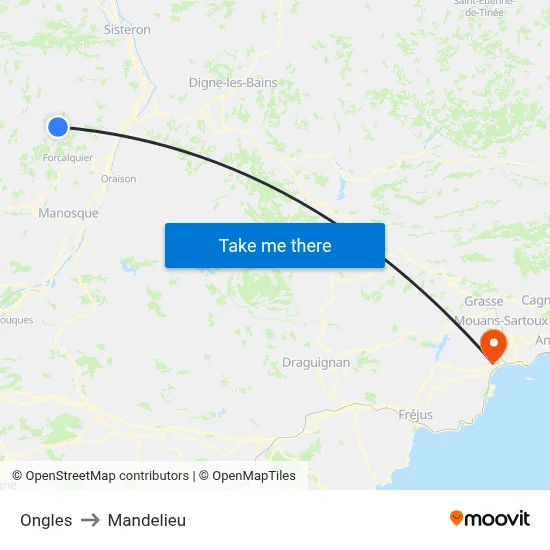 Ongles to Mandelieu map