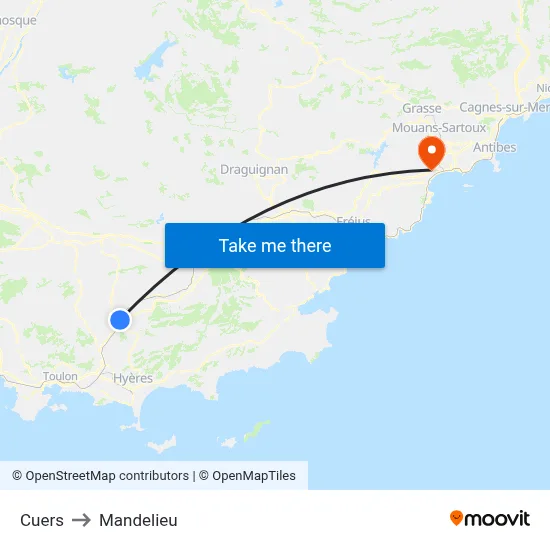 Cuers to Mandelieu map