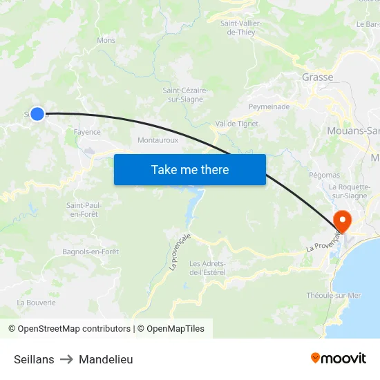 Seillans to Mandelieu map
