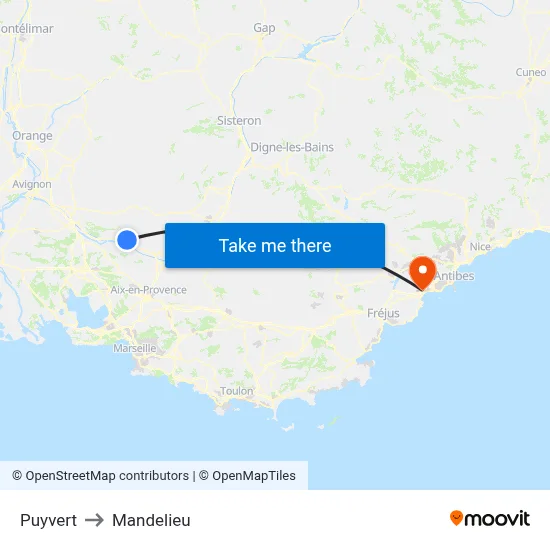 Puyvert to Mandelieu map