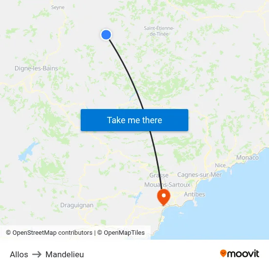 Allos to Mandelieu map