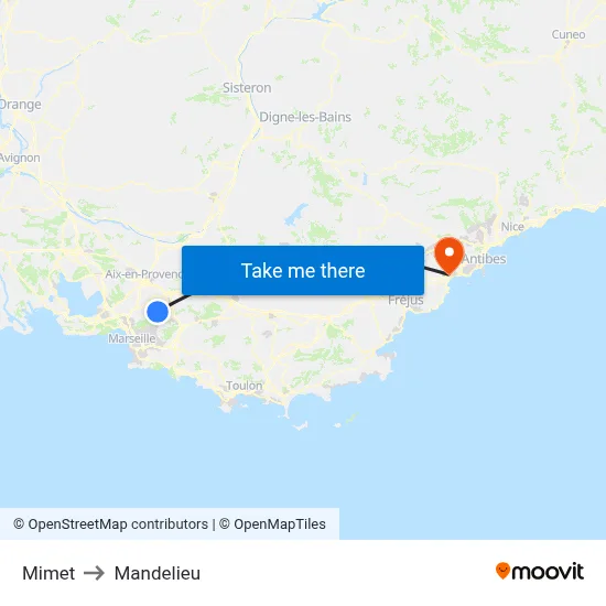 Mimet to Mandelieu map