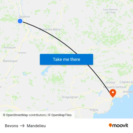 Bevons to Mandelieu map