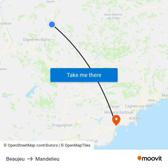 Beaujeu to Mandelieu map