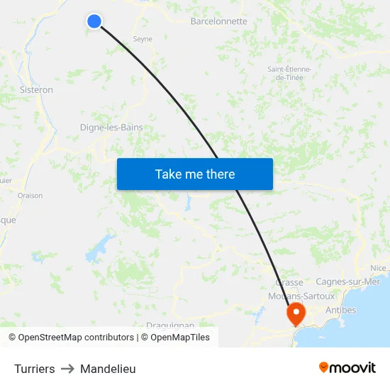 Turriers to Mandelieu map