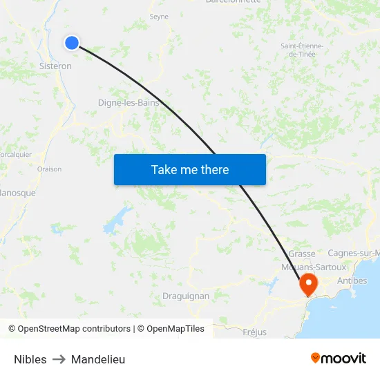 Nibles to Mandelieu map