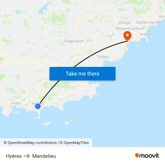 Hyères to Mandelieu map