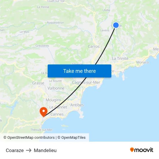 Coaraze to Mandelieu map