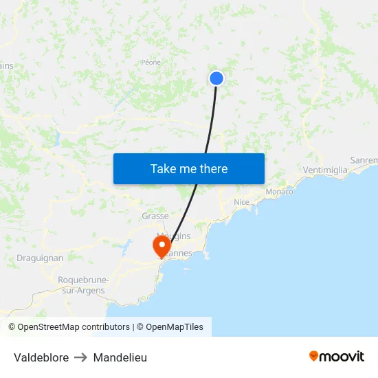 Valdeblore to Mandelieu map