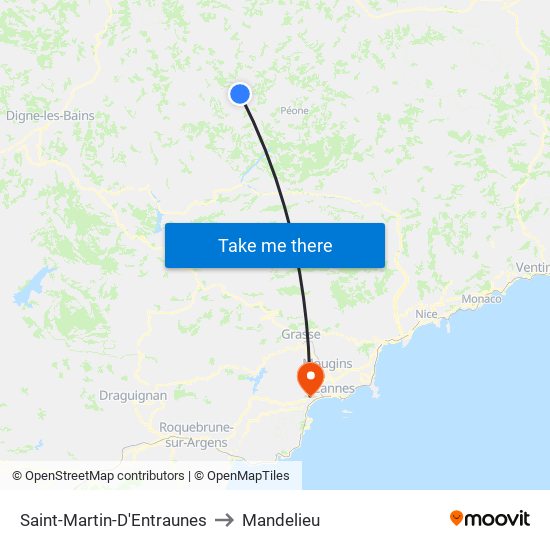 Saint-Martin-D'Entraunes to Mandelieu map