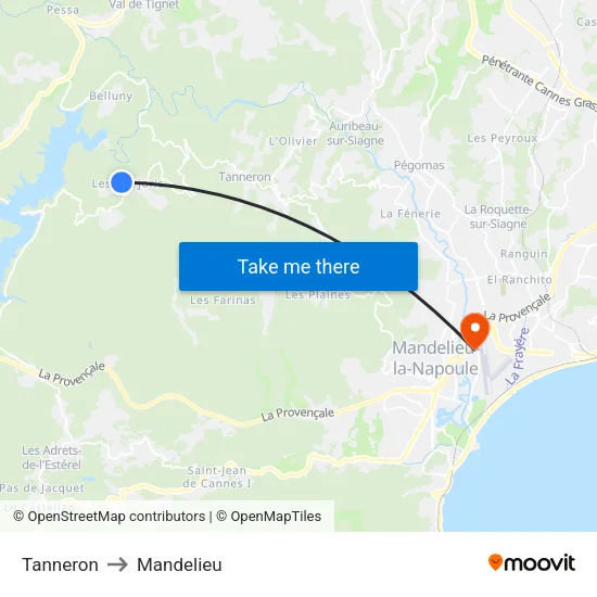 Tanneron to Mandelieu map