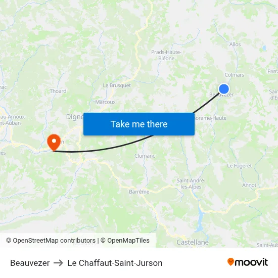 Beauvezer to Le Chaffaut-Saint-Jurson map