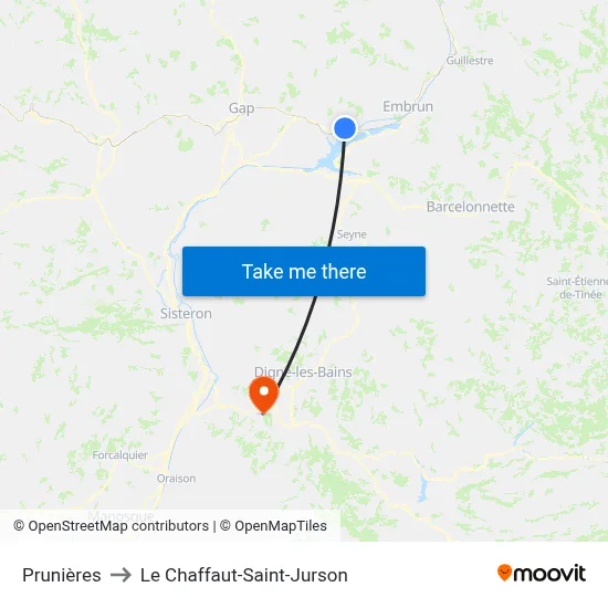 Prunières to Le Chaffaut-Saint-Jurson map
