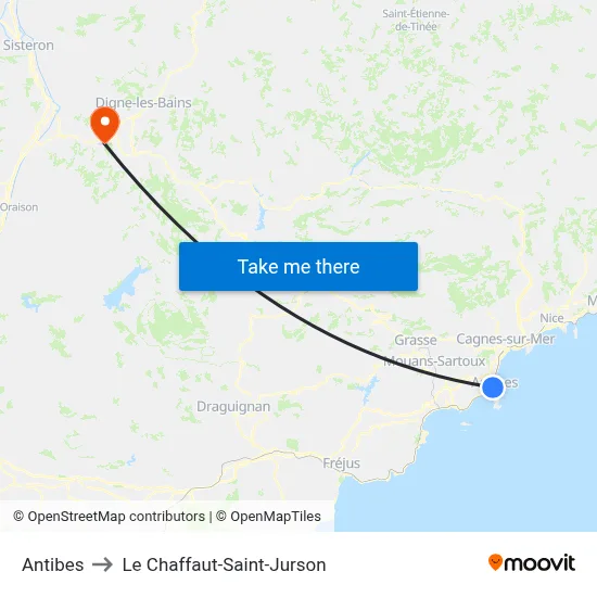 Antibes to Le Chaffaut-Saint-Jurson map