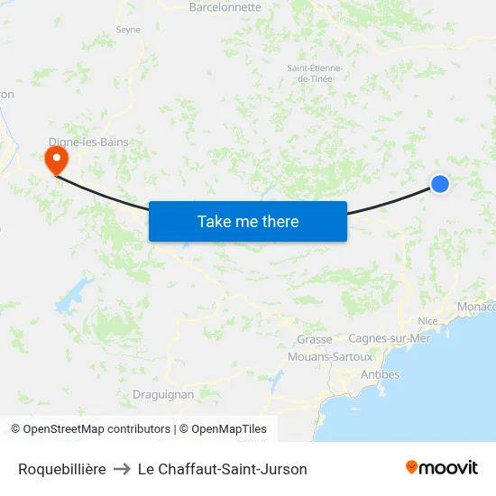 Roquebillière to Le Chaffaut-Saint-Jurson map