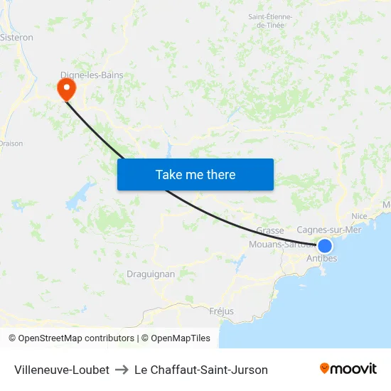 Villeneuve-Loubet to Le Chaffaut-Saint-Jurson map