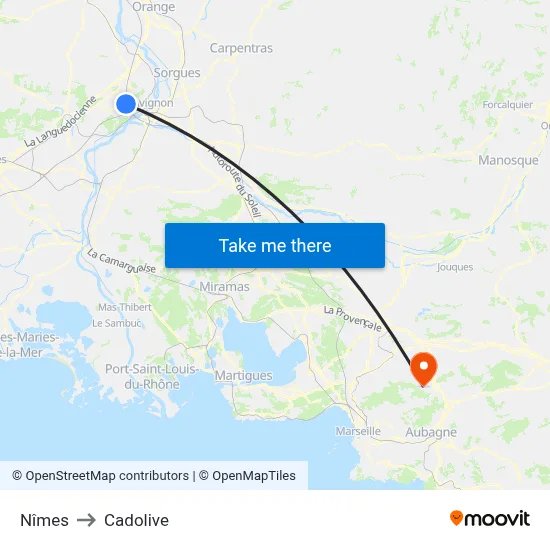 Nîmes to Cadolive map