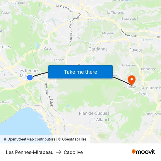 Les Pennes-Mirabeau to Cadolive map