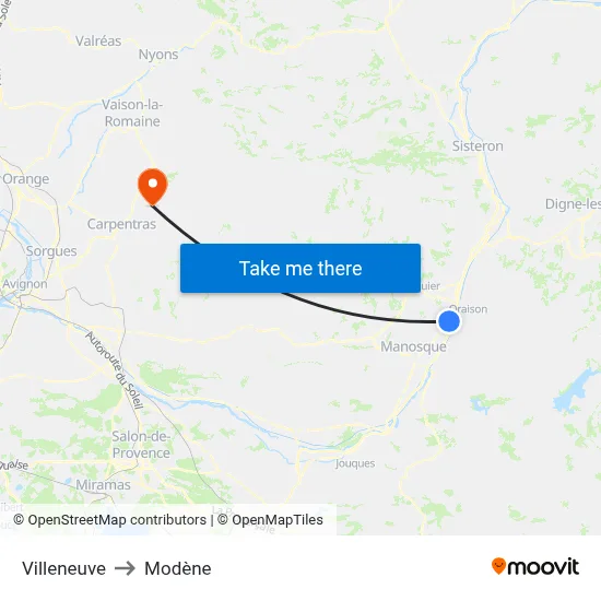 Villeneuve to Modène map