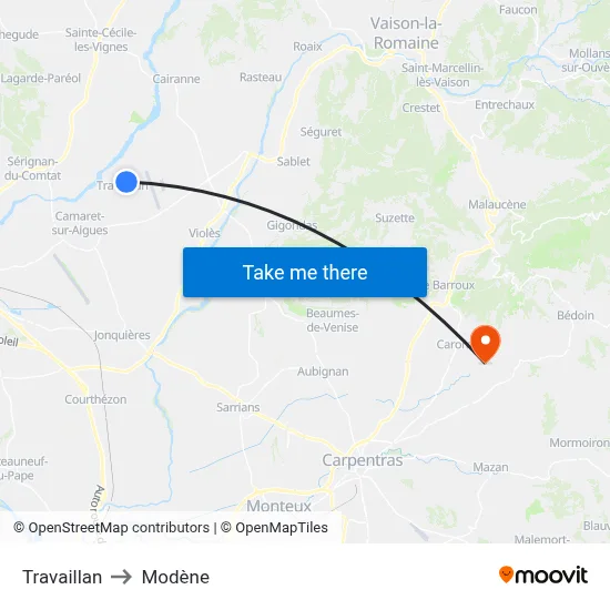 Travaillan to Modène map