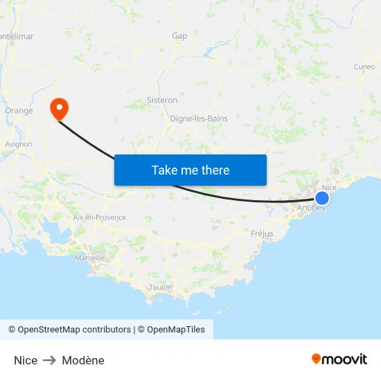 Nice to Modène map