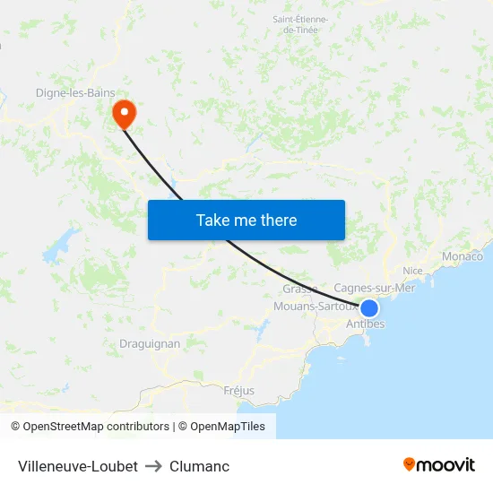 Villeneuve-Loubet to Clumanc map