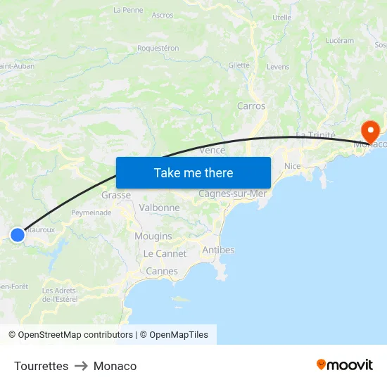 Tourrettes to Monaco map
