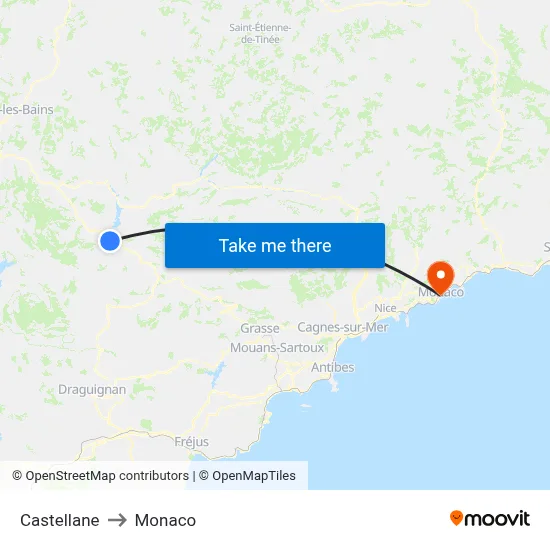 Castellane to Monaco map