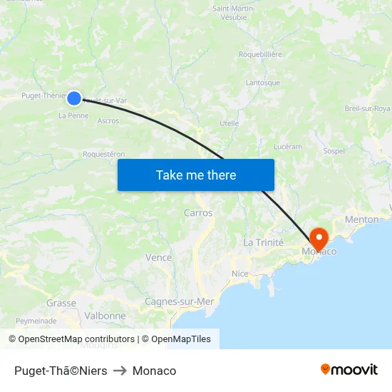 Puget-Thã©Niers to Monaco map