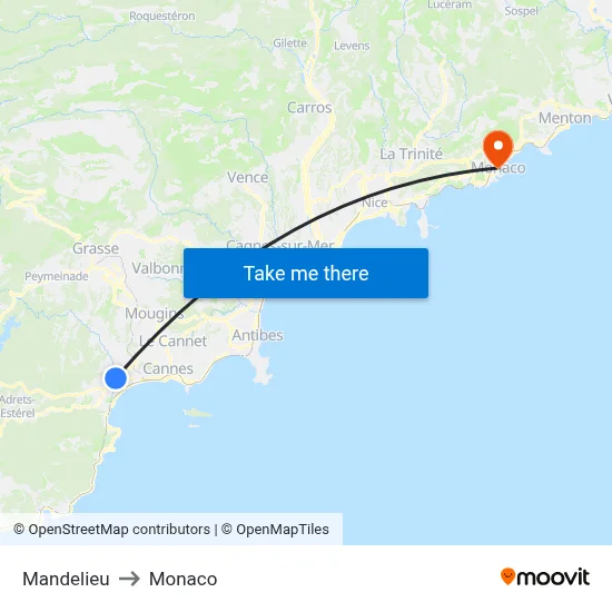 Mandelieu to Monaco map