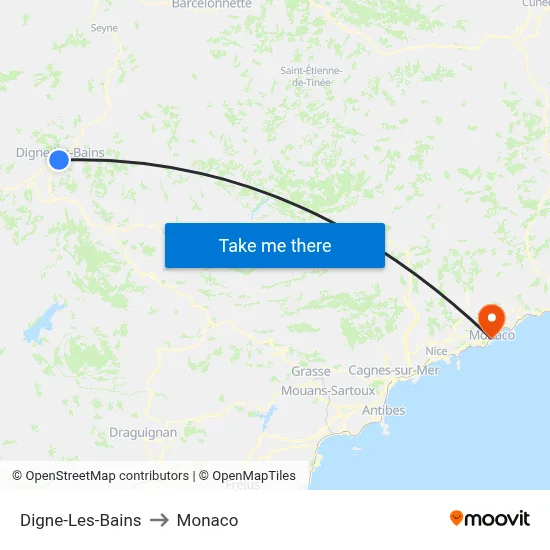 Digne-Les-Bains to Monaco map