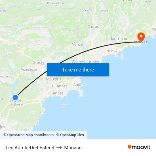 Les Adrets-De-L'Estérel to Monaco map