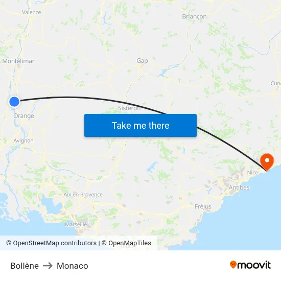 Bollène to Monaco map