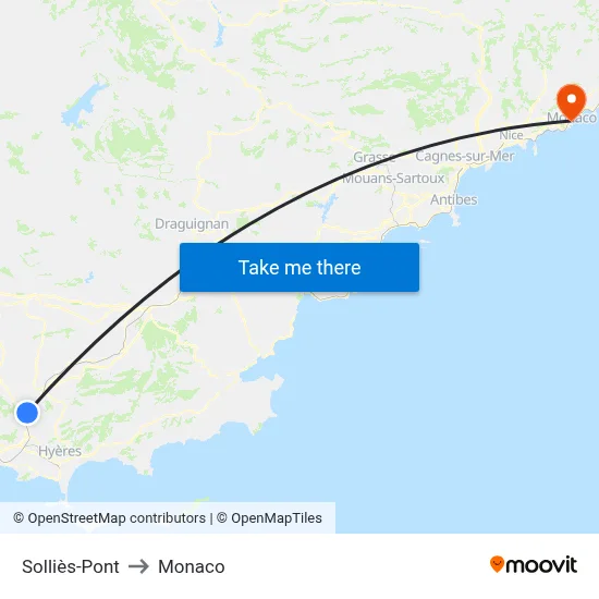 Solliès-Pont to Monaco map