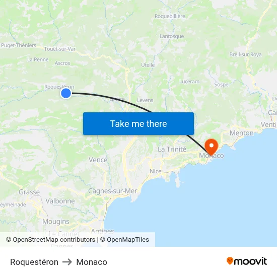 Roquestéron to Monaco map