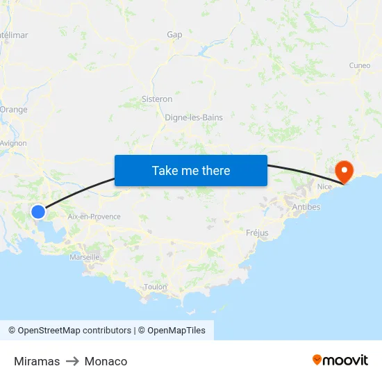 Miramas to Monaco map