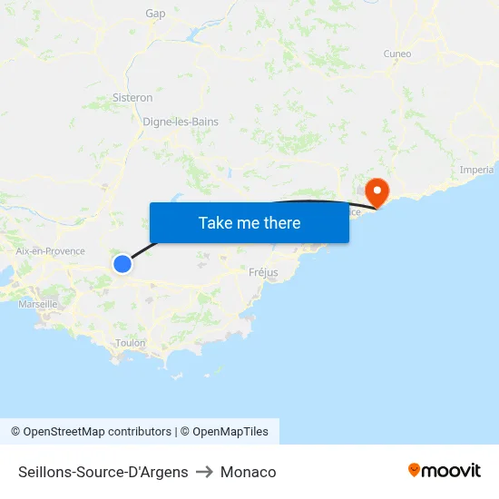 Seillons-Source-D'Argens to Monaco map