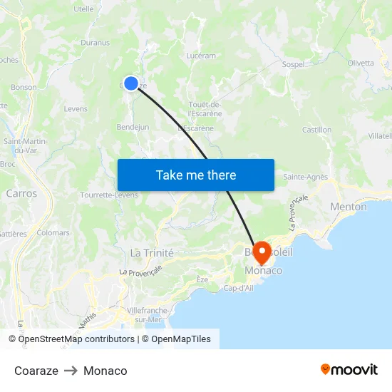 Coaraze to Monaco map