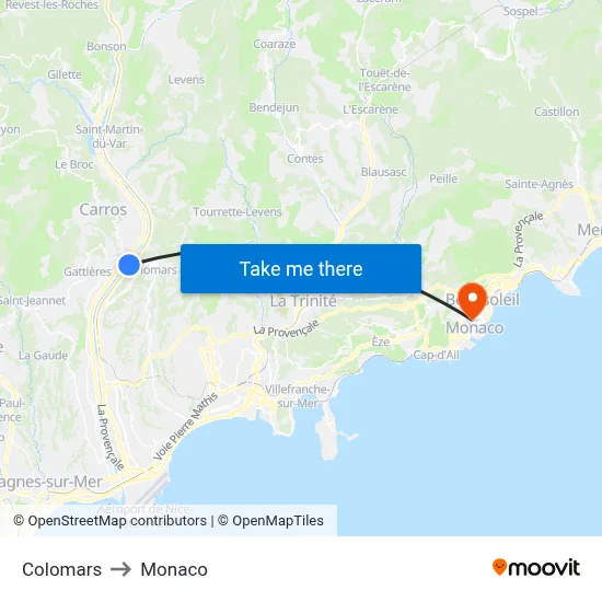 Colomars to Monaco map