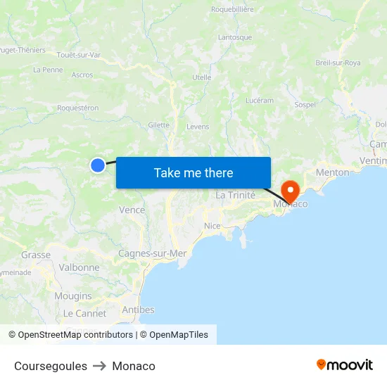 Coursegoules to Monaco map