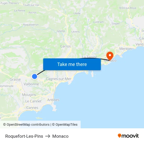 Roquefort-Les-Pins to Monaco map