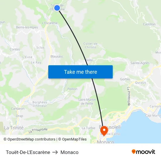 Touët-De-L'Escarène to Monaco map