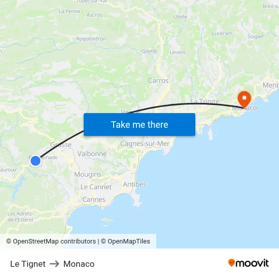 Le Tignet to Monaco map