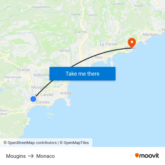 Mougins to Monaco map