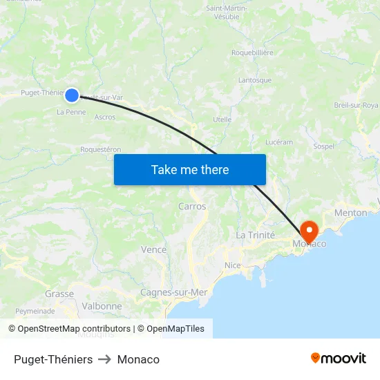 Puget-Théniers to Monaco map