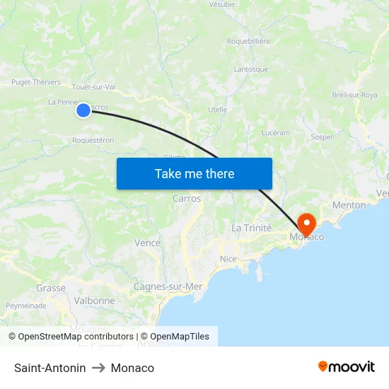 Saint-Antonin to Monaco map